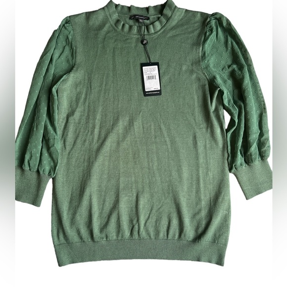 Adrianna Papell Blouse Clip Dot Sleeve Twofer Sweater Top small Green palm leaf - Picture 2 of 7